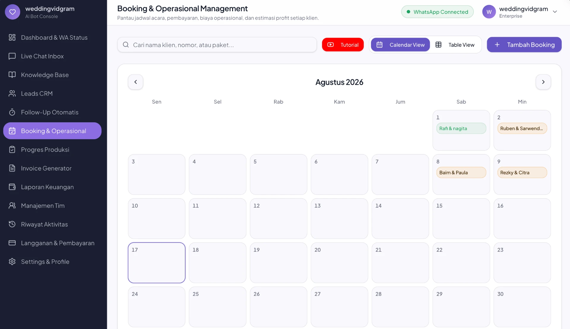Tampilan dashboard Booking & Operasional CloseMate AI di laptop